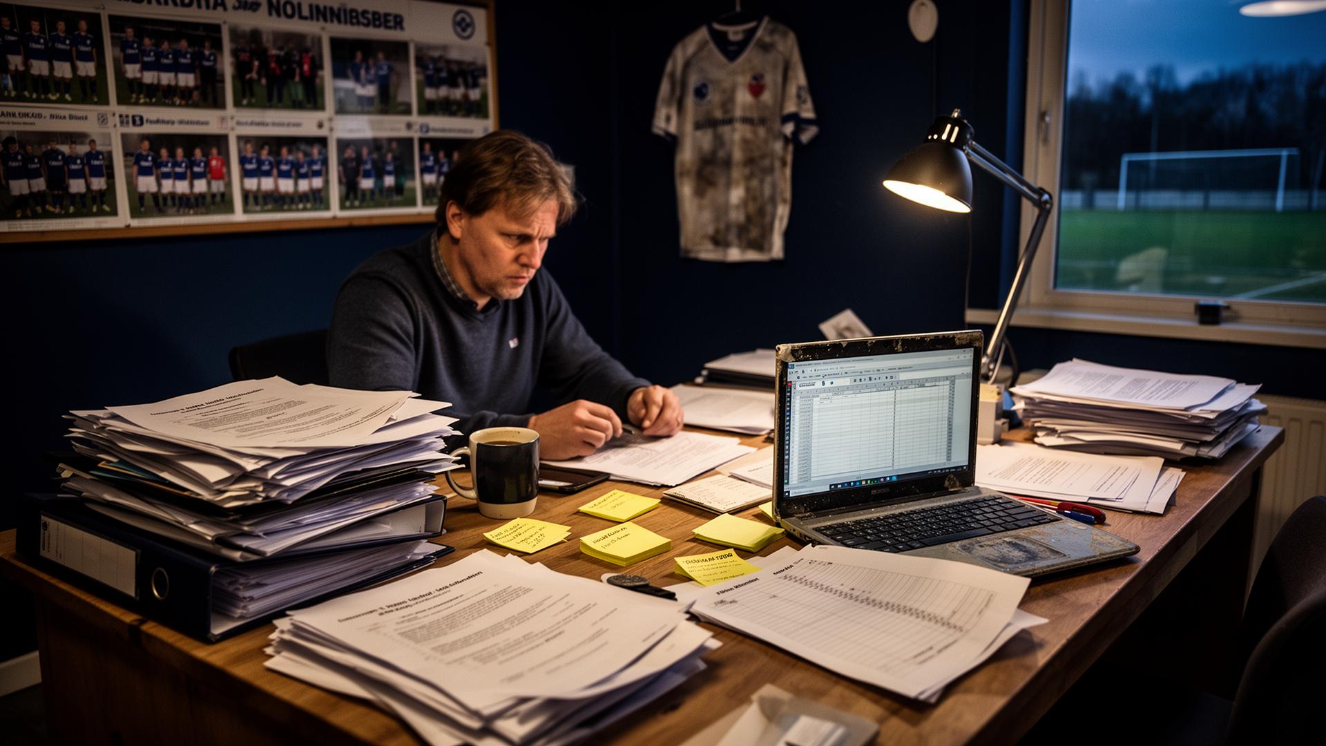 Frustreret klubleder sidder sent på klubkontoret omgivet af spredte sponsorkontrakter, ringbind og post-its – typisk klubadministration uden system Frustreret klubleder sidder sent på klubkontoret omgivet af spredte sponsorkontrakter, ringbind og post-its – typisk klubadministration uden system